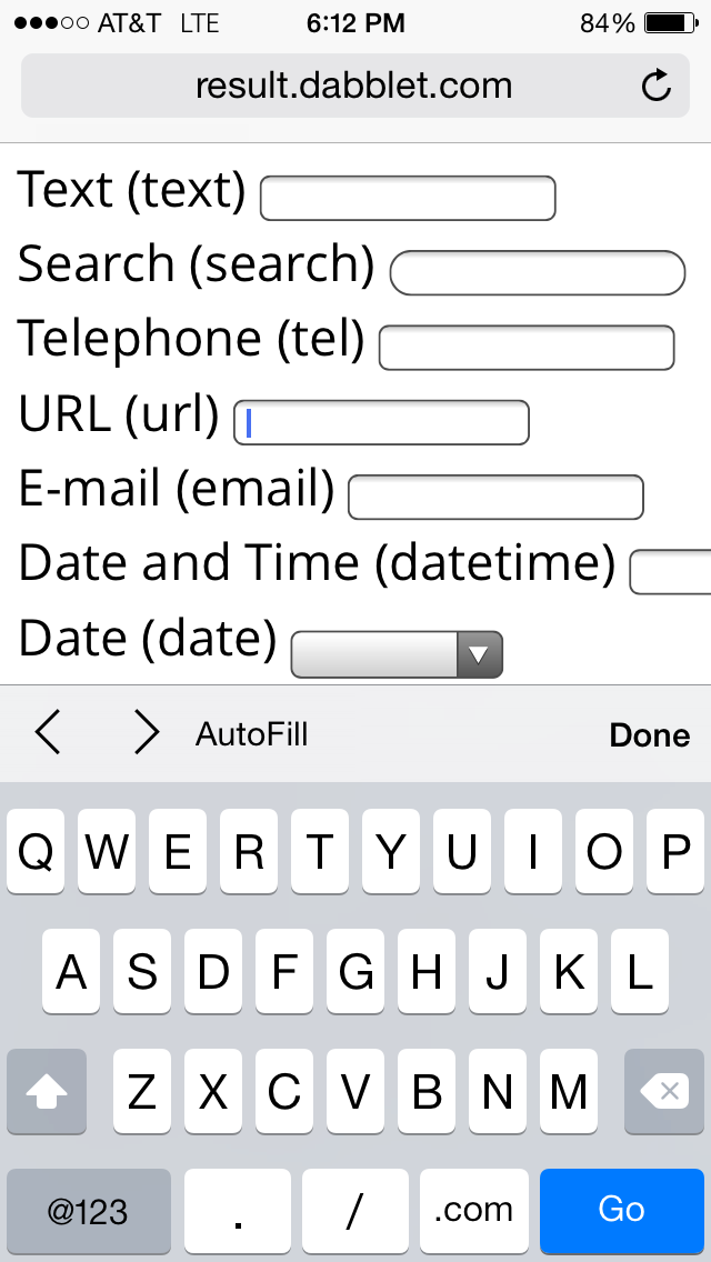 Screenshot: iOS form field type is url