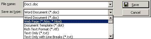 Screenshot of word processor 'Save As' dialog box that supports conversion to HTML.
