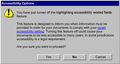 Illustration of how a user might be warned about turned off an accessibility related process