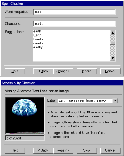 Illustration of potential similarities between an accessibility repair tool and a spelling repair tool.