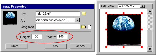 This illustration shows an authoring user interface that has two equivalent mechanisms for editing the height and width properties of an image - see description below.