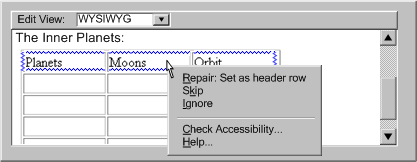 Screen shot demonstrating a system for automatically adding table heading markup.