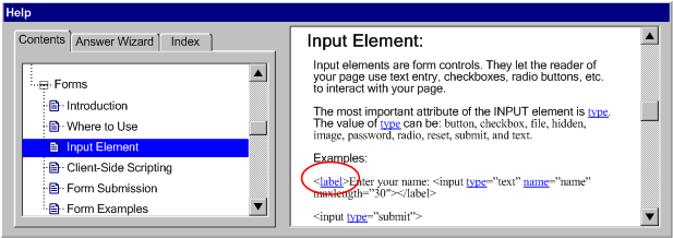 Screen shot demonstrating a help system for the 'input' element.