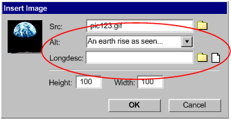 Illustration of image insertion dialog showing accessibility prompts as well as required attribute prompt for src.