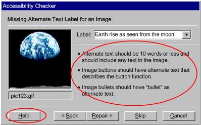 Demonstration of an interface providing accessibility tips