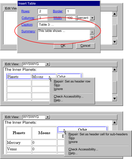 Illustration of an 'insert table' dialog with places to add a caption and summary