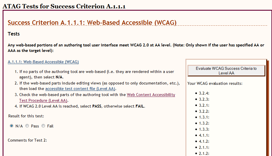 displays the instructions for the individual test and a button to test for WCAG