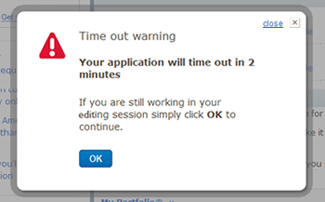 sample of a timeout warning popup box with message and ok button to extend the time