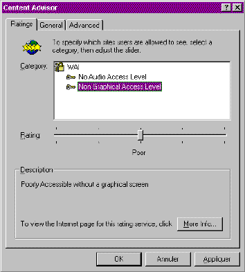 Screen dump of IE Content Rating Dialog 
Box showing Prototype Accessibility Rating