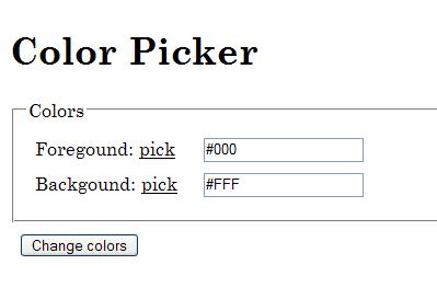 Screenshot showing the foreground and background color controls, which are text fields containing hex values. Each field has a link which opens a color picker control positioned between the label and the text field.