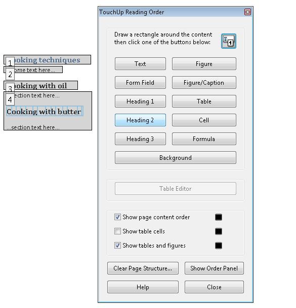  PDF document opened in Adobe Acrobat. The TouchUp Reading Order panel is visible; the heading text is selected and Heading 2 on the panel is selected.