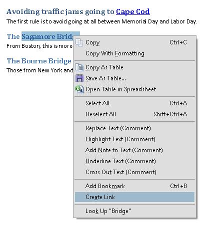 Image of a PDF document with text selected to create a hyperlink. The context menu shows Create Link selected.
