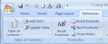 Reference tab on Word ribbon, showing Table of Contents tool.