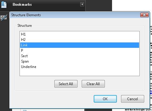 The tagged elements that can be used for bookmarking, with 'links' selected.