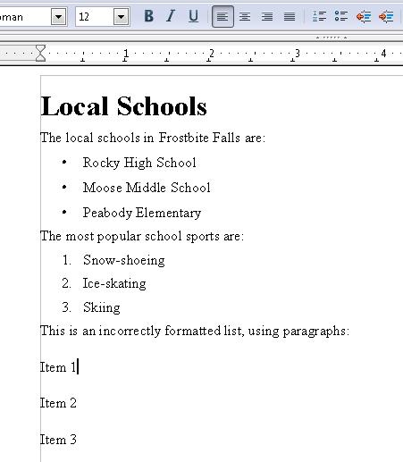 Screenshot showing correctly formatted ordered and unordered lists, and a third section of text formatted to appear as a list, but not using the list formatting tool in OpenOffice.org Writer.