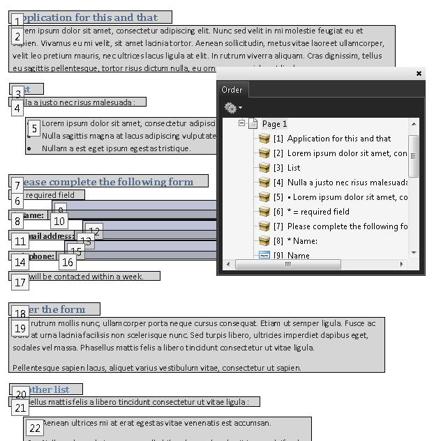 The text and form fields in a PDF document in Adobe Acrobat Pro. The reading order is shown in the Order panel and by the numbers in the highlighted sections of the page content. The items 6 and 7 are in the wrong content order and must be switched.