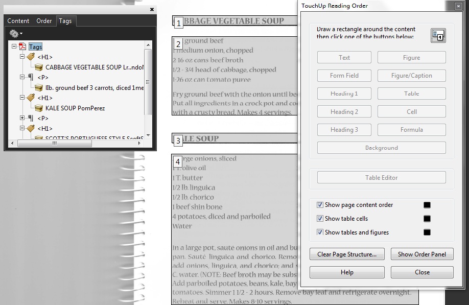 A tagged converted page in Acrobat Pro showing soup recipes. The name of each soup is a first level header. The image of the spiral book binding was hidden as a decorative image.