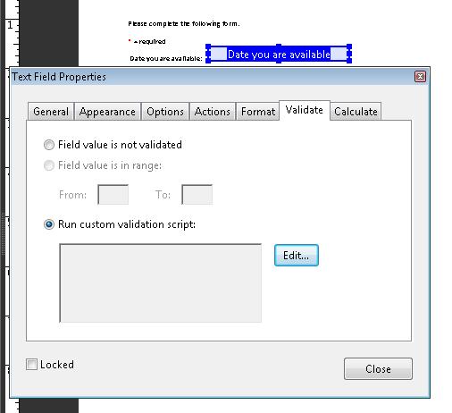 Text Field Properties dialog, with the Validate tab open to specify JavaScript validation code.
