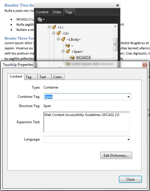 The addition of expansion text to an abbreviation using the Tags panel. The text 'WCAG2.0' has been selected and a Span tag created for it. The expansion text 'Web Content Accessibility Guidelines (WCAG) 2.0' is entered as the expansion of 'WCAG2.0' using the TouchUp Properties dialog