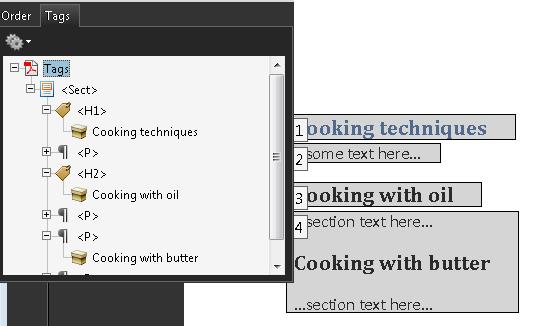 PDF document opened in Adobe Acrobat. The Tags panel shows the headings in the tag tree. Text that should be tagged as H2 is incorrectly tagged as a paragraph.
