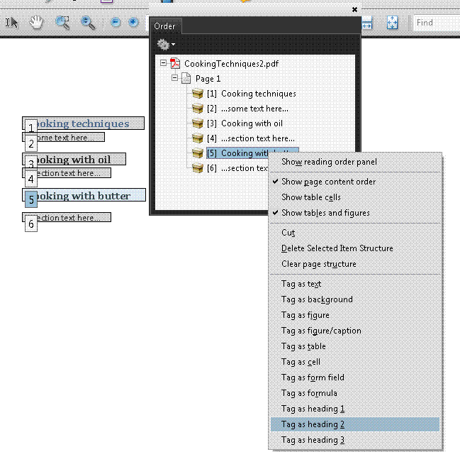 PDF document opened in Adobe Acrobat. The Order panel and context menu show the text to be changed to Heading 2.