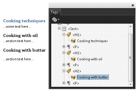 PDF document opened in Adobe Acrobat. The Tags panel confirms the correct heading tags.