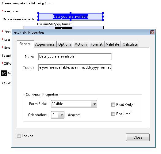 The Properties dialog for a form field. A short description, including the format required for the field, is added and will appear as a tooltip.