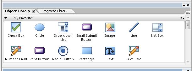 LiveCycle Designer Object Library showing the form objects available for form creation.