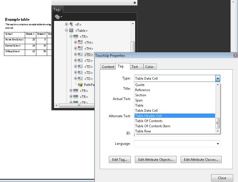 Table in Adobe Acrobat Pro showing the use of the Tag Properties dialog to change data cells to header cells