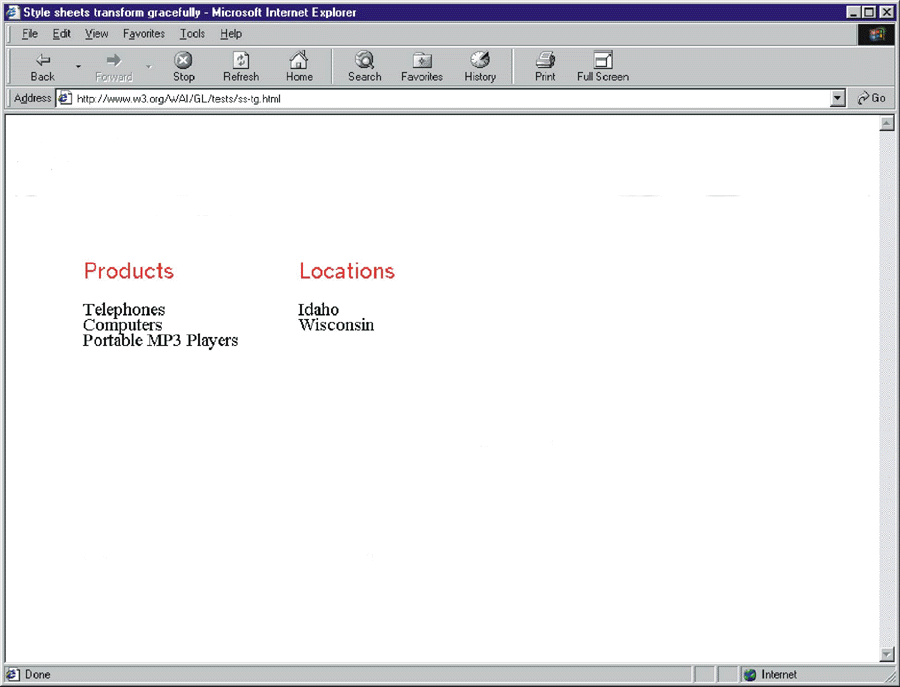 Screen shot of the example code as it appears with style sheets applied