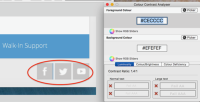Screenshot: Social media icons and Color Contrast Analyzer tool.