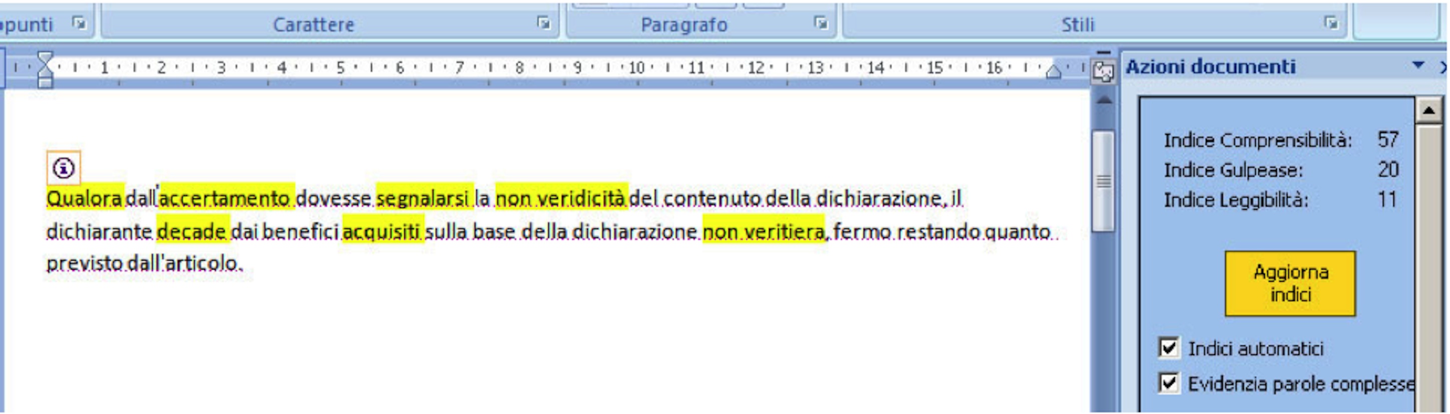 Image showing SPARTA2 running inside Word 2007, and showing a  text with unusual words and complex structure. SPARTA2 underlines the sentences and shows a SmartTag