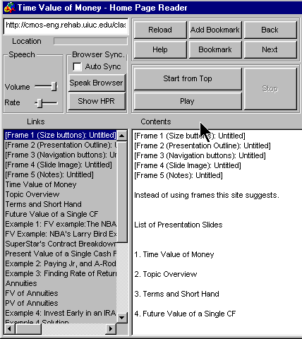 Example frameset with five links for each of the frame elements in IBM home page reader