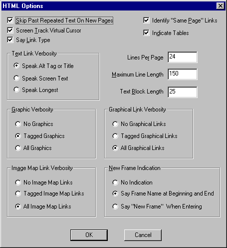 Jaws for Windows HTML Options menu, which allows configuration of a number of link rendering options