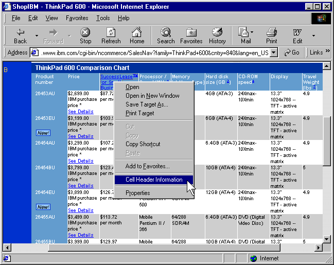 Internet Explorer context menu 
item to display table cell header information