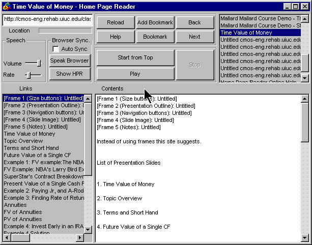 Example frameset with five links for each of the frame elements in 
IBM home page reader