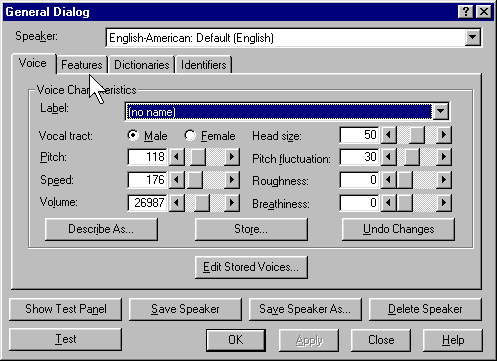 ViaVoice control panel for configuration of voice characteristics