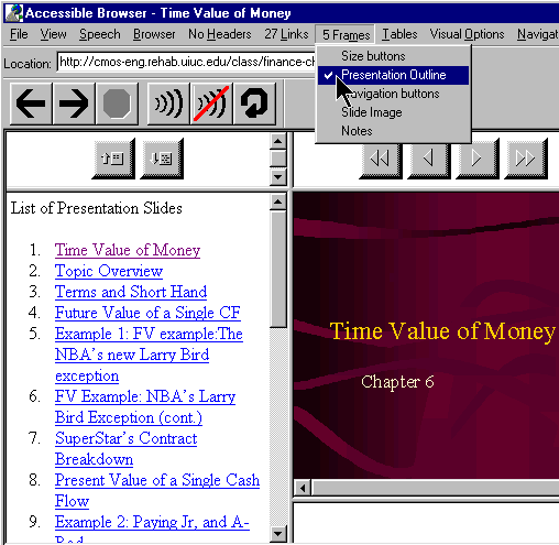 A pull down menu indicating the number of frames in a document, the labels associated with each frame, and a check mark to indicate the frame with the current focus