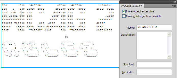 画面スクリーンショット: アクセシビリティパネルを用いて、ASCIIアートのテキストによる代替を提供