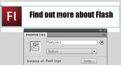 画面スクリーンショット: プロパティパネルでインスタンス名を 'flashLink1' とした結合ボタン