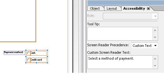 スクリーンショット：LiveCycle Designer でラジオボタンに適用するカスタムのスクリーンリーダーテキスト。