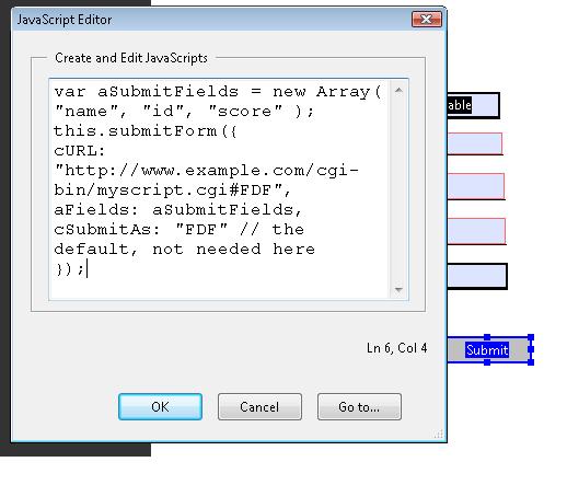 スクリーンショット:［ボタンのプロパティ］ダイアログボックスの［アクション］タブに追加された JavaScript