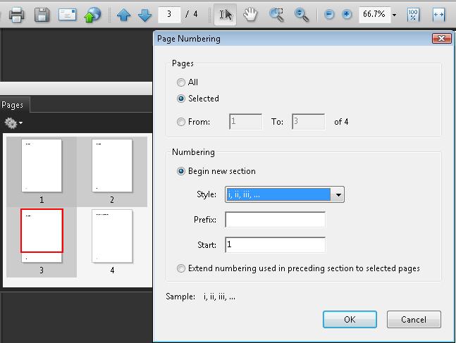 スクリーンショット: 三つのページが選択されたページパネルと、新しいページスタイルが指定されたページ番号付けダイアログボックス開始ページは、正しい値である 1 (デフォルト) に指定されている。
