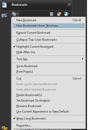 The Bookmarks options menu.