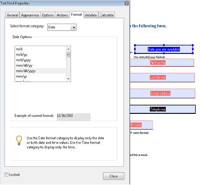 スクリーンショット: Adobe Acrobat 9 Pro を使用して入力フィールド形式の必須形式を指定する