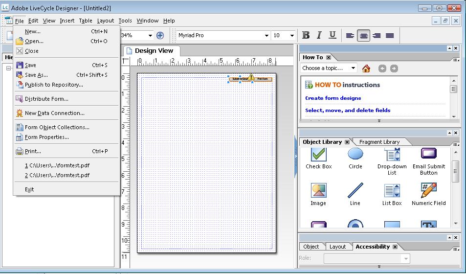 スクリーンショット: LiveCycle Designer でオブジェクトライブラリを使用して新規作成された空白のフォーム

