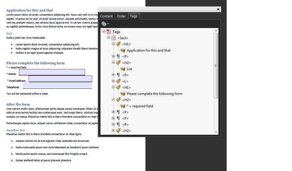 Image showing the corrected reading order In
    						Adobe Acrobat Pro. The tags H1 and H2 have been switched and are
    							now in the correct order.