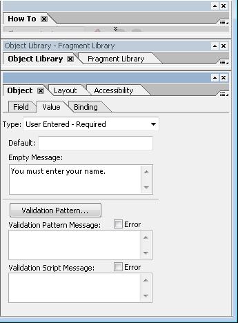 スクリーンショット:［利用者定義 - 必須］を選択したAdobe LiveCycle Object のパレット"