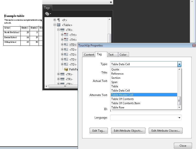 スクリーンショット：Adobe Acrobat Pro の表で［タグのプロパティ］ダイアログを使用して、データセルを見出しセルに変更する。