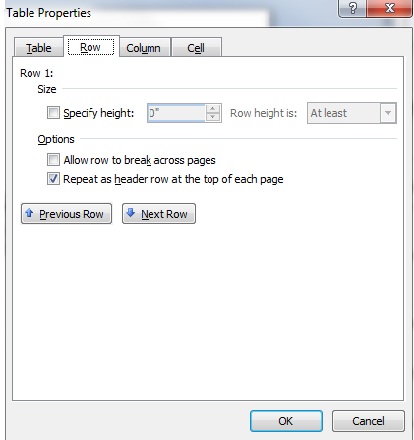 Image of Table properties dialog for the first table row in Word, with the Row tab selected. 'Repeat as header at the top of each page' is checked to ensure that the first row is marked as header cells.